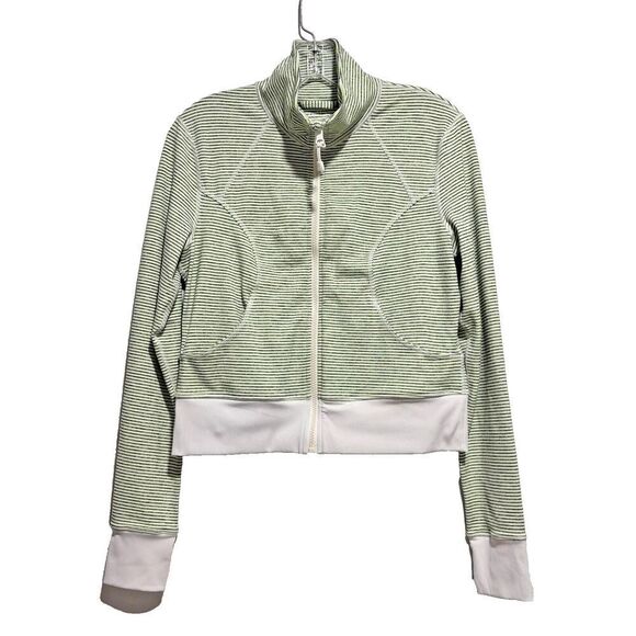 Zella Zip Up Jacket Small Green White Striped Long Sleeve Mock Neck Athletic - Picture 1 of 7